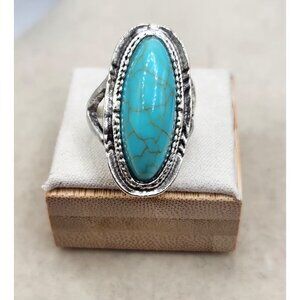 Oval Shape Faux Turquoise Stone Ring Boho Silver Tone  - Size 7